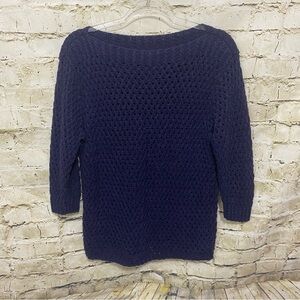 Lauren Ralph Lauren Blue Hand Knit Open Knit Linen Blend Sweater
